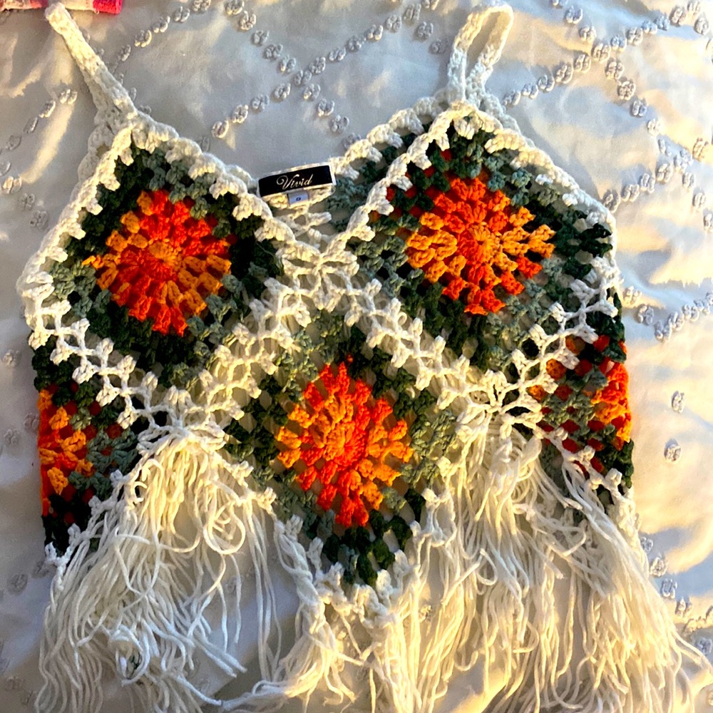 Vivid size small Boho crocheted crop top with fringe